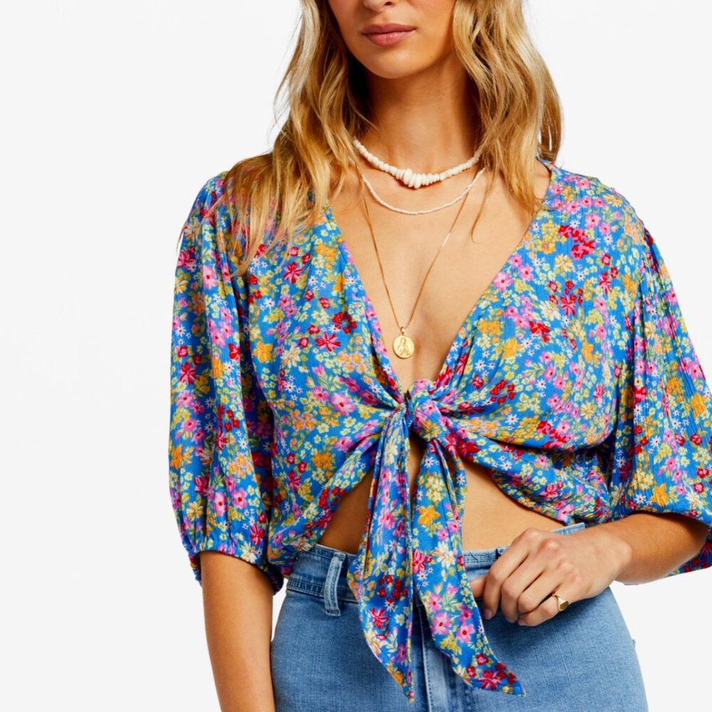 BILLABONG As You Wish Floral Tie Front Crop Top, S NWT